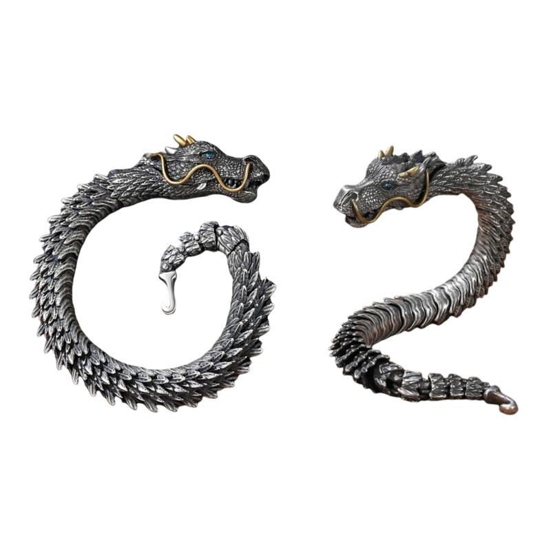 Chic Dragons Motifs Copper Bangle Stylish Antique Silver Dragons Bracelet Adornment for Fashion Forward Individuals