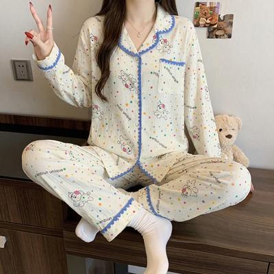 Sweet Cartoon Puppy Korean Cloud Cotton Shell Hemming Pajamas Women's Spring Long-sleeved Trousers Two-piece Set
