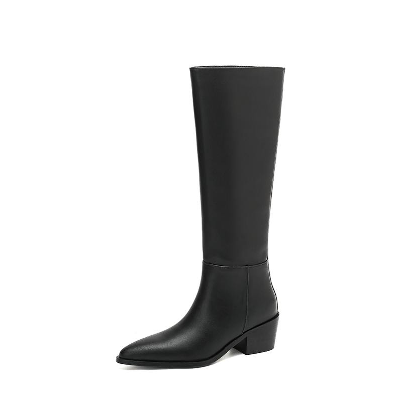 Krazing Pot Cow Skin Microfiber Pointed Toe Thick High Heels Knee Boots Size 46 Size 45 Slip on Plus Size Women Keep Warm Long Boots