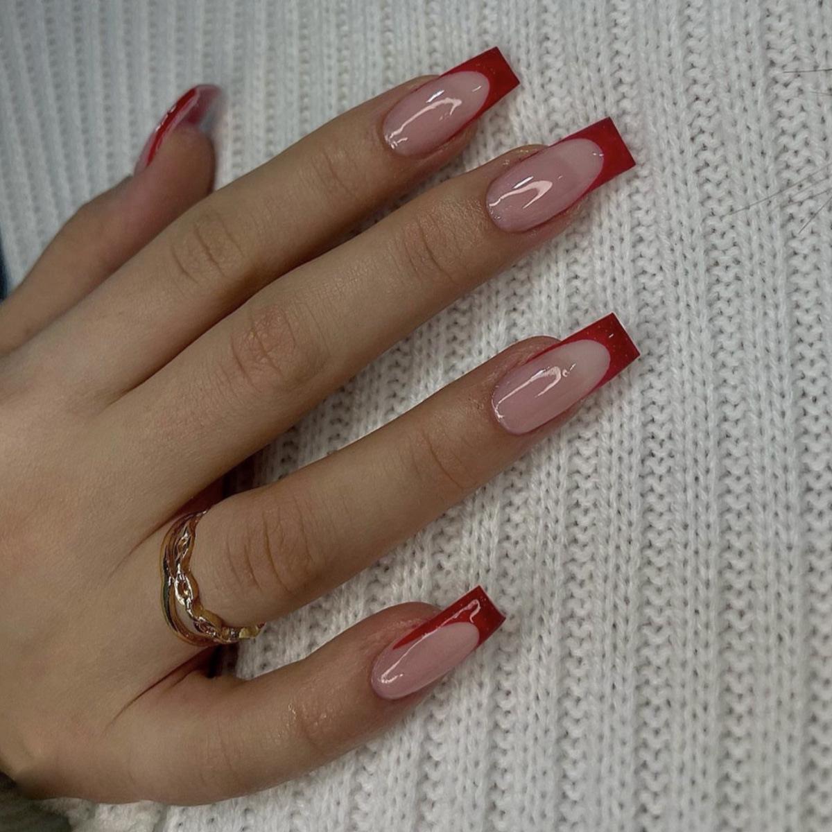 

Набор из 24 штук средней длины красных французских балетных накладных ногтей – Простые, модные наклейки для ногтей для Европы и Америки