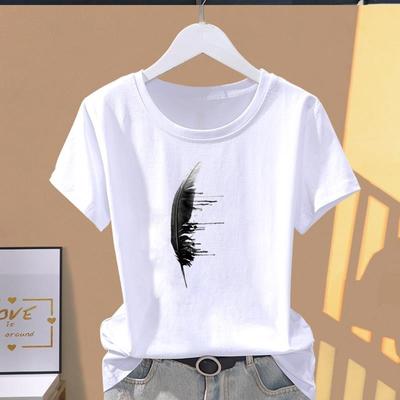 (Asian Size) Fashion Print Feather Watercolor 90s Trend Sweet Graphic Tee Female Casual T Clothing Casual Women's Summer Top Short Sleeve T-shirt