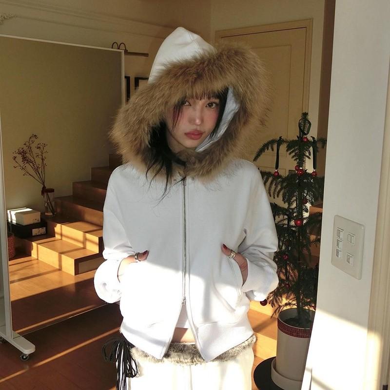 Japanese Fur Coat Women Vintage Korean Style Black Hooded Jacket Aesthetics Fur Collar Zipper Coat Thin