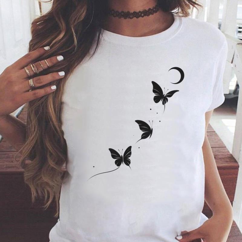 (Asian Size) Women's Top Print O-neck butterfly trend Short Sleeve T-shirts Fashion Female Casual T Clothing Graphic Tee