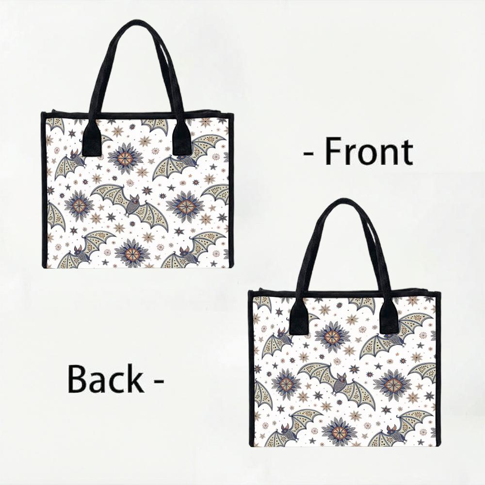 Boho Bat Printed Canvas Tote Bag Fashion Casual Large Capacity Daily Shopping Handbag for Women