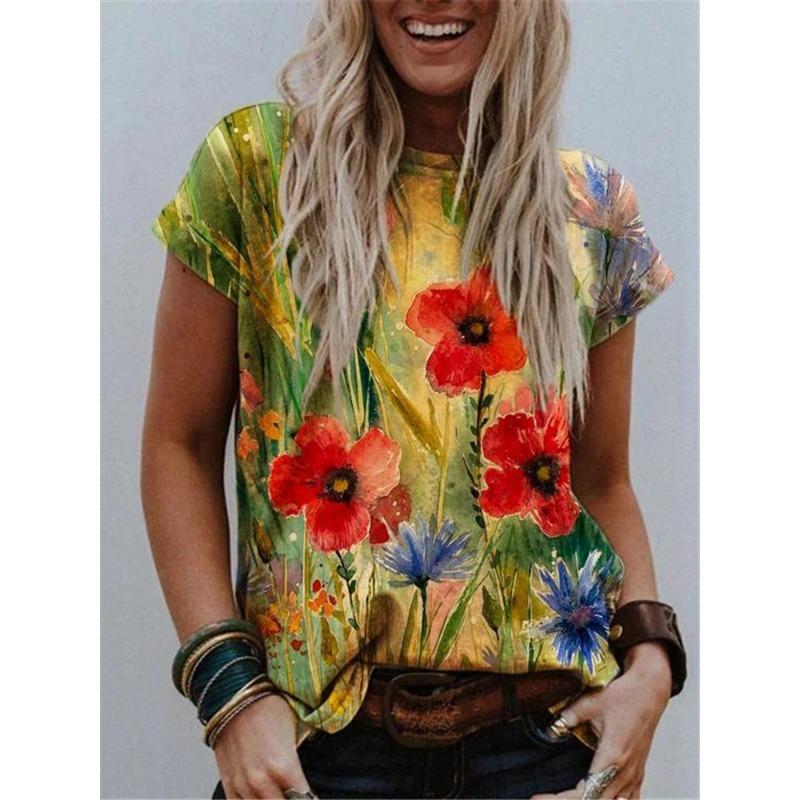 Short Sleeved T-shirt for Women with Round Neck Print Trendy Street Style Short Sleeved Loose Fit Shirt