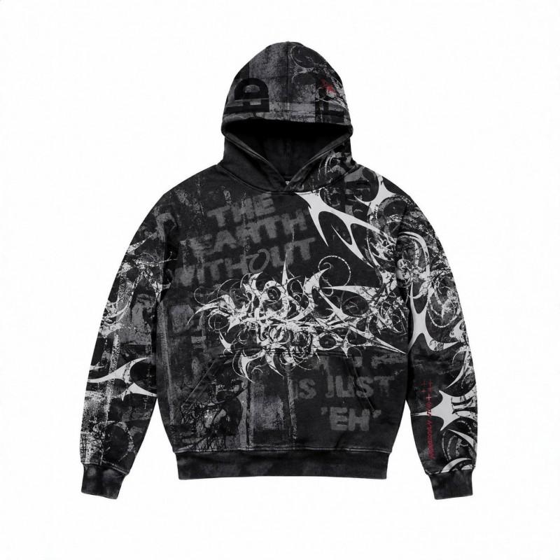 American Retro Graffiti Distressed Hoodie All Over Print Tribal Thorn Loose Pullover Sweatshirt