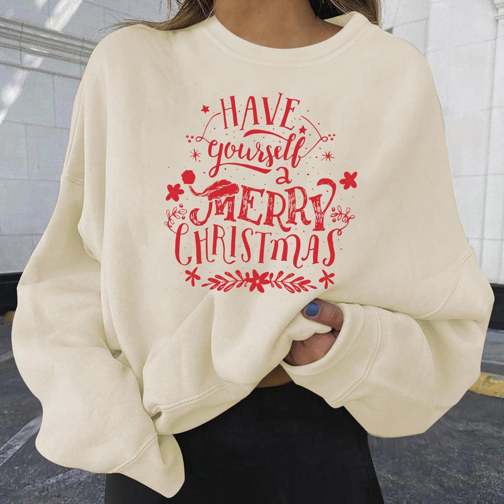 Women's Casual Fashion Christmas Printed Long Sleeve O-Neck Pullover Top
