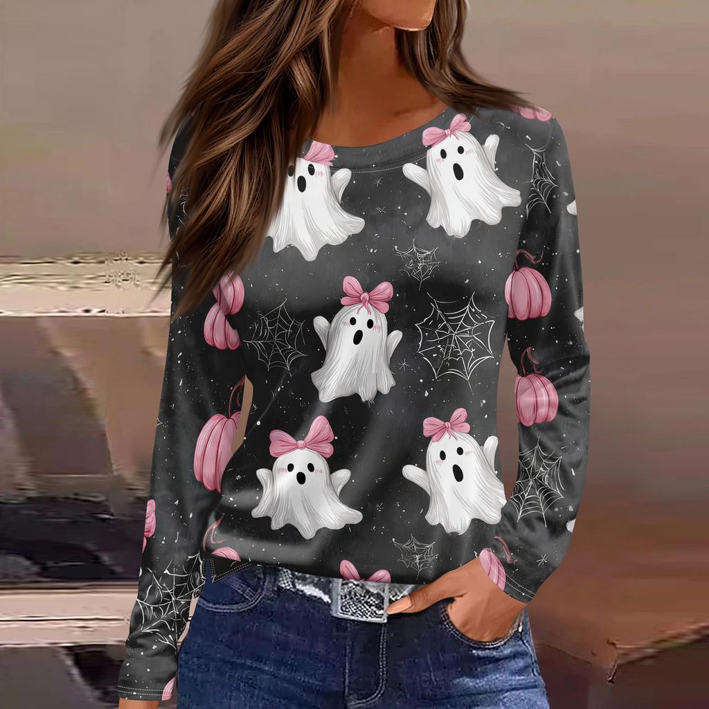 Women's Fashion Long Sleeve Neck Top with Hem Slit Halloween Print for Party