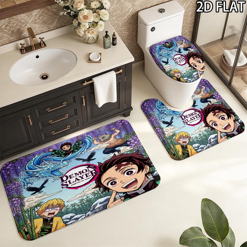 Demon Slayer Art 3Pcs Flannel Toilet Mat Set Bathroom Rug Bath Carpet Non Slip Home Decor Toilet 3 Pcs Bathroom Textile Set