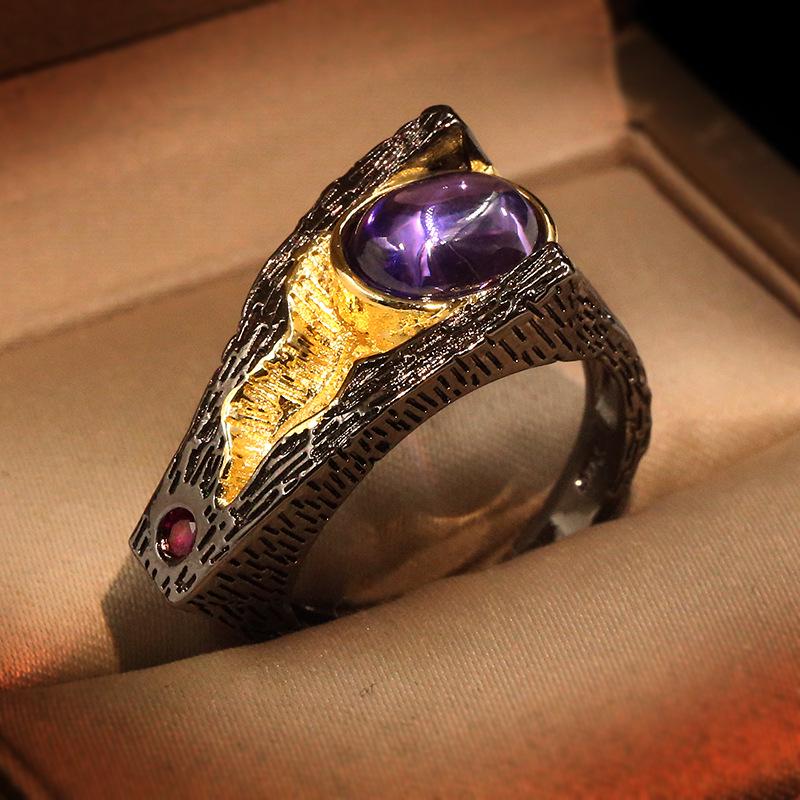 Vintage Chinese Style Lotus Leaf Series Natural Amethyst Lucky Closed Design Ring For Women Wedding Party Engagement Ring