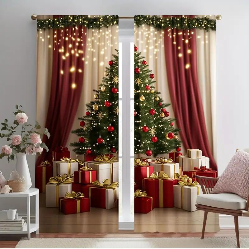 2pcs Christmas tree gift curtains   pole pocket design   privacy protection   suitable for decorating various scenes