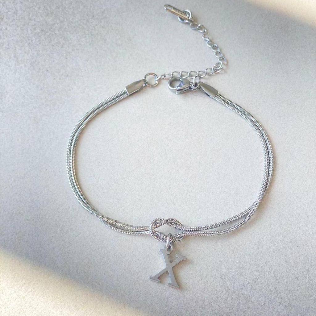 Valentine's Day Stainless Steel Herringbone & Snake Chain Bracelet with 26 Letters Pendant