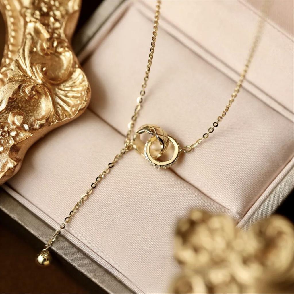 925 Sterling Silver Double Ring Geometric Pendant Necklace French Vintage Style for Women