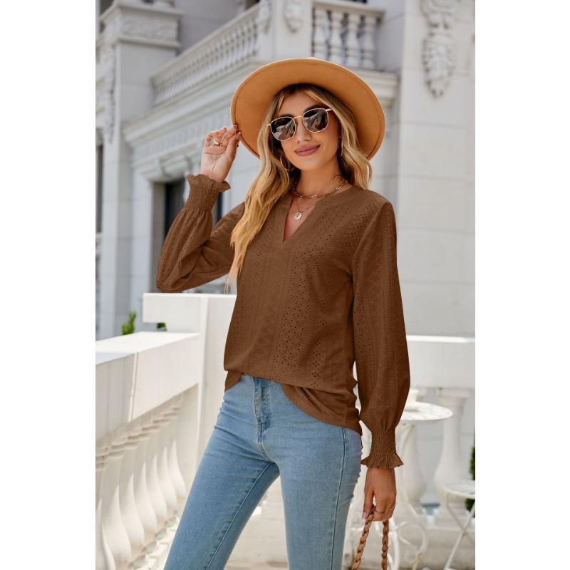 Autumn new style hollow pleated ruffled sleeve V-neck women's casual shirt, fashionable pink elegant women's long-sleeved top