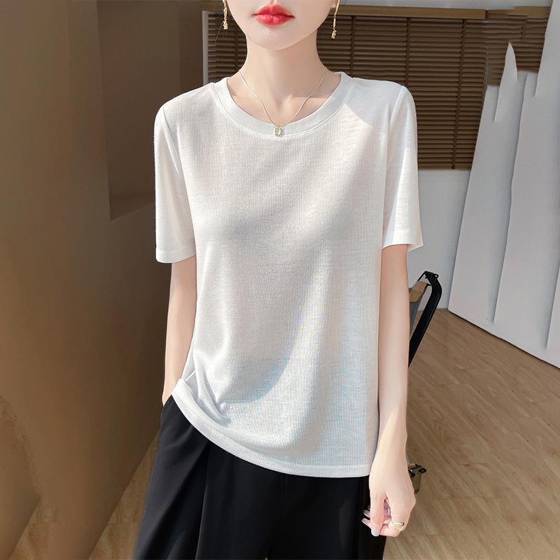 New Fine Knit Short Sleeve T Shirt Women Summer Round Neck Thin Top Casual  Tee
