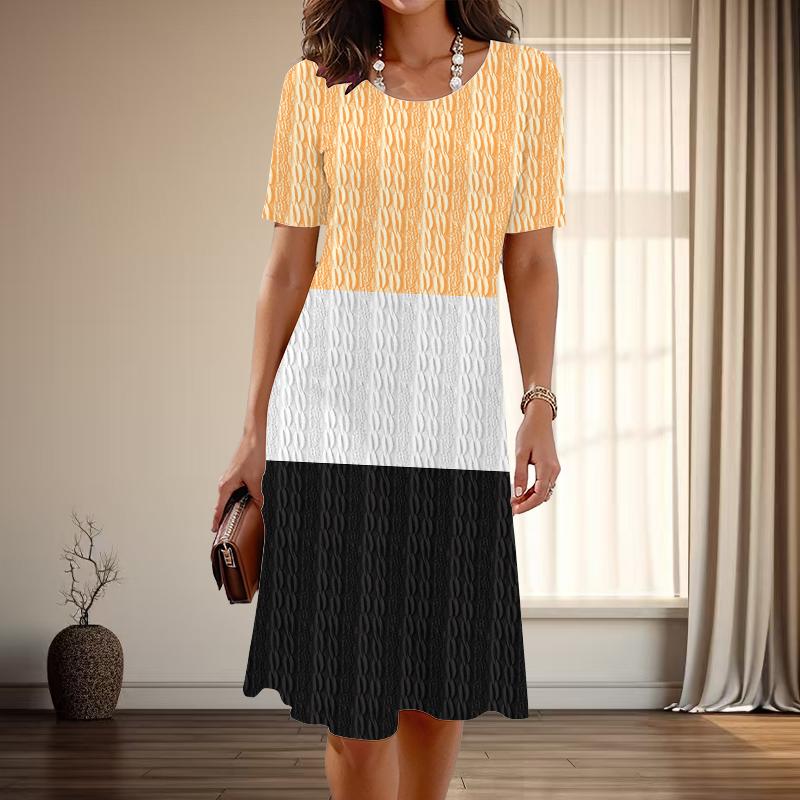 

Женская мода изящные простые сращивающиеся принты лето весна короткие рукава О-образный вырез повседневные платья 8XL оранжевый