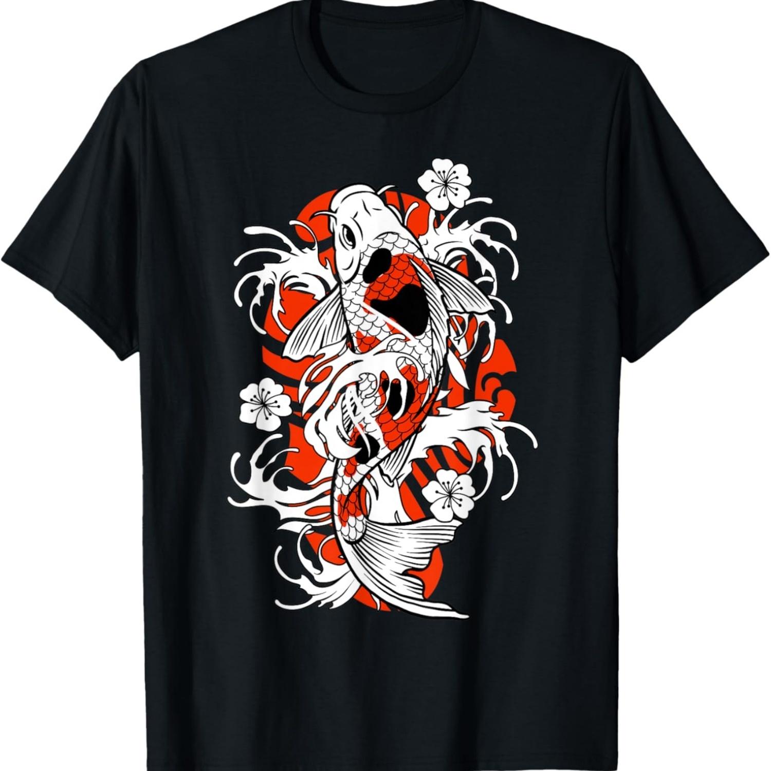 Fighting Giant Carp Nishikigoi Fish Cherry Blossom T-Shirt(6) S чёрный