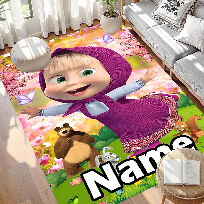 Custom Name Personalized Masha and The Bear Print Carpet, Versatile Home Decor Rug, for Playroom, Apartment, Balcony, Entryway, Hallway Gift