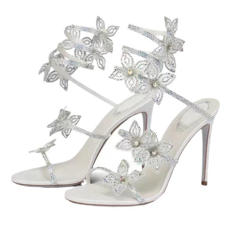 Eilyken Sexy CRYSTAL Flower Thin Heels Banquet Prom Women Sandals Street Style Open Toe Narrow Band Ankle Strap Gladiator Shoes