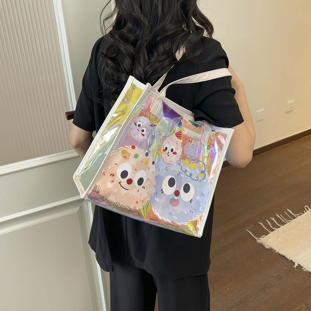 Cute cartoon transparent student tutoring bag texture large capacity waterproof zipper tote bag fashionable travel oblique span bag