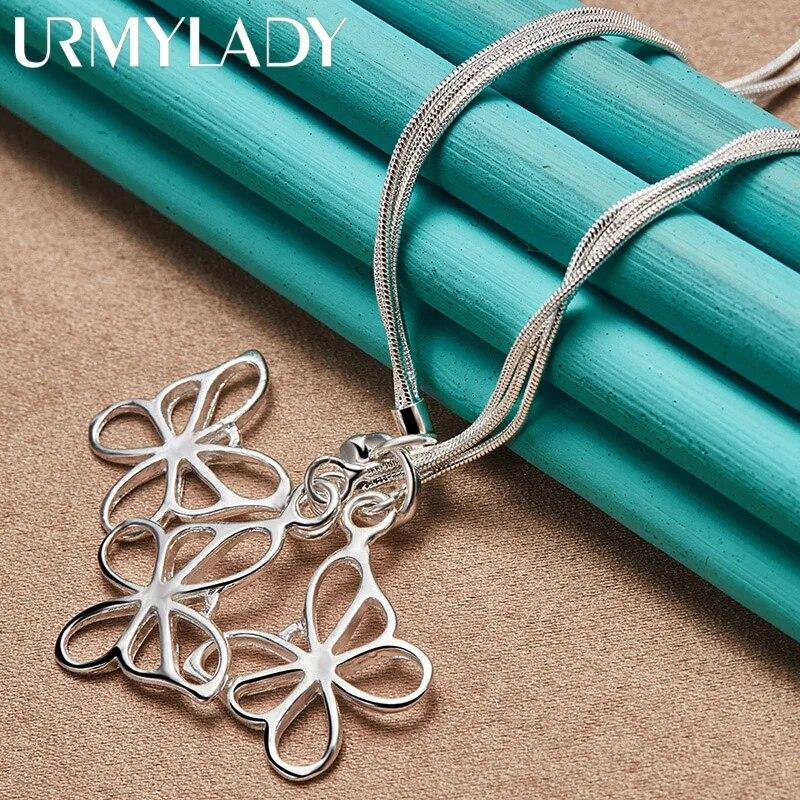 URMYLADY 925 Sterling Silver Butterfly 20 Inch Pendant Necklace For Women Wedding Party Fashion Jewelry
