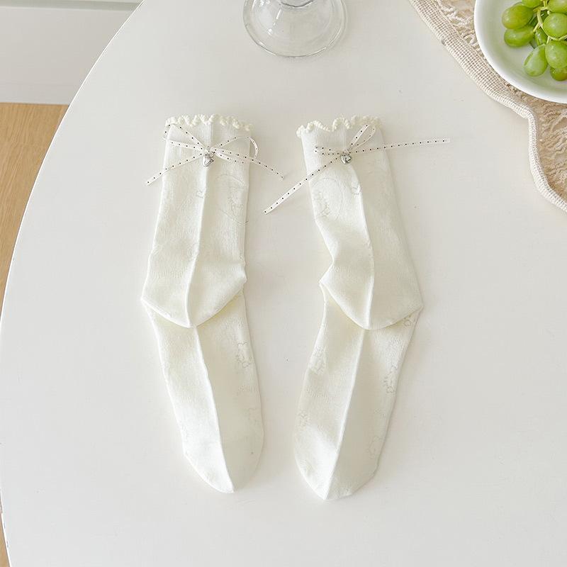 

Женские летние тонкие носки средней длины с горошком, бантом, мультяшным котенком, кружевной вставкой без косточек 1 pair молочный белый