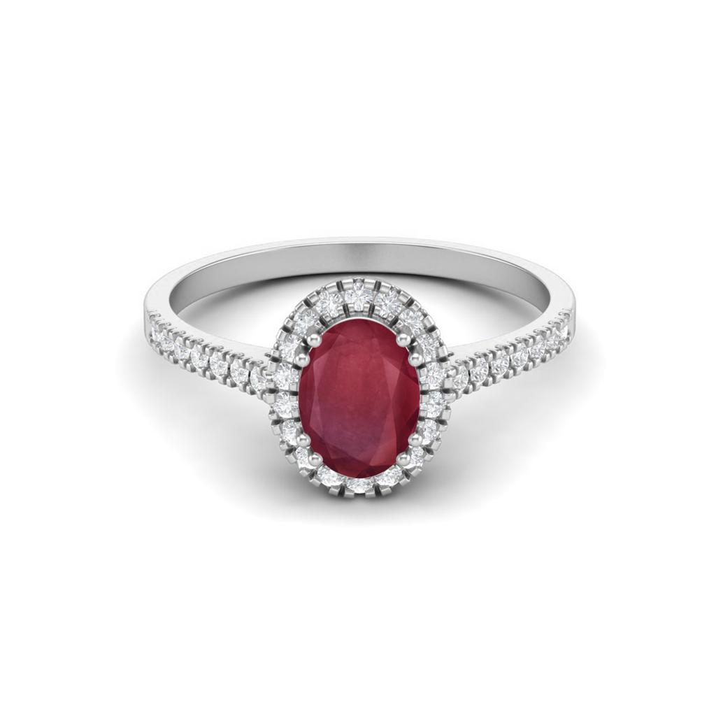 Solitaire 7x5 mm Oval Shape Ruby Halo 925 Sterling Silver Engagement Anniversary Ring