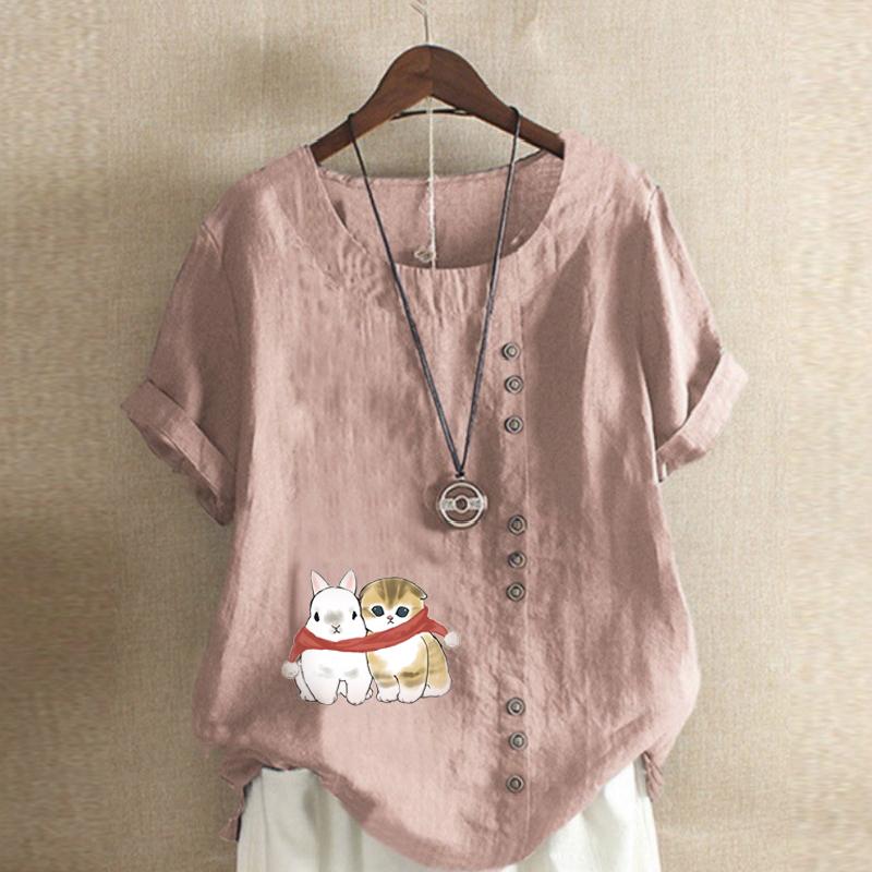 Damenmode Katzen und Kaninchen bedrucktes Rundhals Kurzarm T-Shirt Lässig Baumwolle Leinen Grafik Shirt Freizeit Locker Sommer Bluse Tops