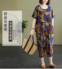 Plus-size women's summer new artistic vintage cotton print short-sleeve top with three-quarter pants, loose set for women