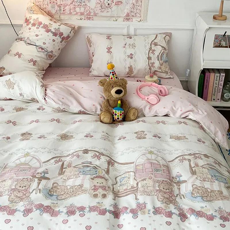 Girls Boys Gift Bedding Set Cute Bear Duvet Cover Set With Zipper Pink Heart Bed Sheet Pillowcases No Filler Twin Queen Size