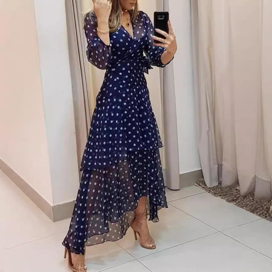 V-Neck Polka Dot Irregular Print Long Dress - Women’s Spring/Autumn Collection