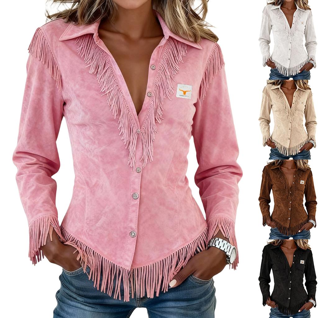 Women's Western Style Suede Fringe Long Sleeve Slim Fit Shirt Top Button Down Collar Casual Blouse with Decorative Tassels