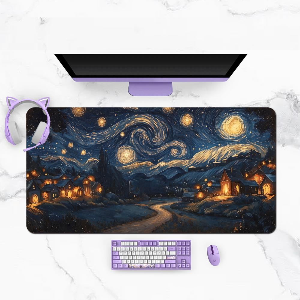 Classic Starry Night Sky Village Scenery Playmat Large Size Table Mat Learning Desktop Mousepad Laptop