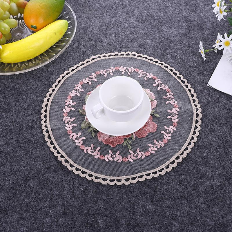 European Round 3D Embroidered Transparent Coaster Placemat Coffee Cup Wine Glass Non-slip Pad Party Barware Flatware Decoration
