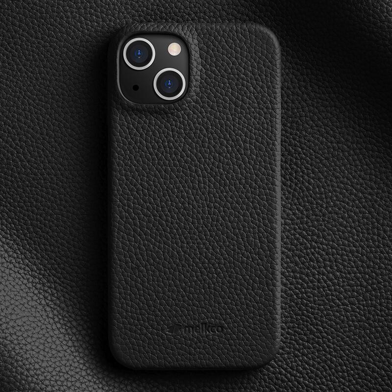 MELKCO For iPhone 13 mini 5.4 inch Protective Case Genuine Cow Leather Coated PC Phone Cover