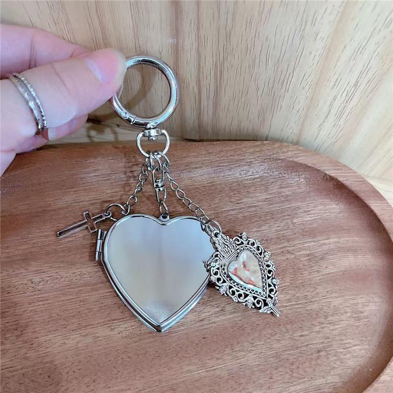 Folding Heart Mirror Keychain Cross Charm Pendant Keyring Jewelry For Girl Women Gift Bag Decoration