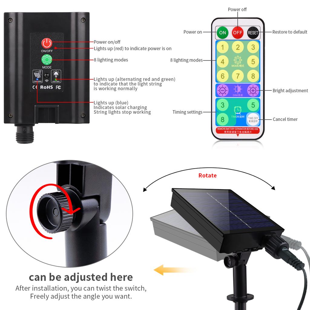 Upgraded Solar Panel LED String Light Waterproof Outdoor Solar Fairy Lights 8 Modes For Outside Yard Garden Patio Camping Decor