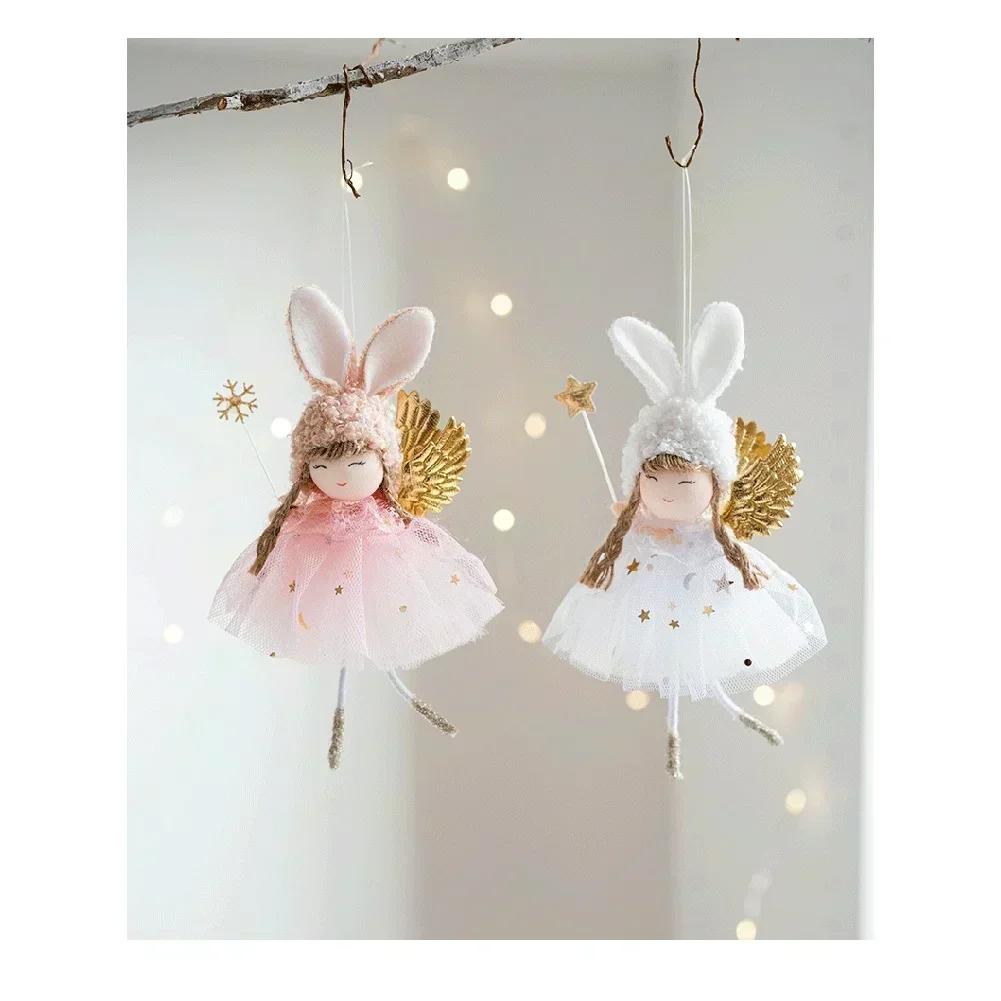 Adorable Bunny Ears Girl Christmas Ornament with Angel Wings Mystical Wand Lightweight Fabric Hanging Decoration