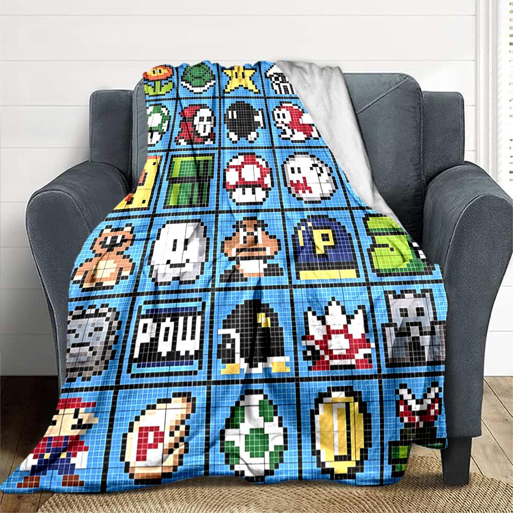 1pc Mario Characters Flannel Throw Blanket HD Printed Lightweight Soft Warm All Season Blanket for Sofa, Bed, Travel, Camping Machine Washable