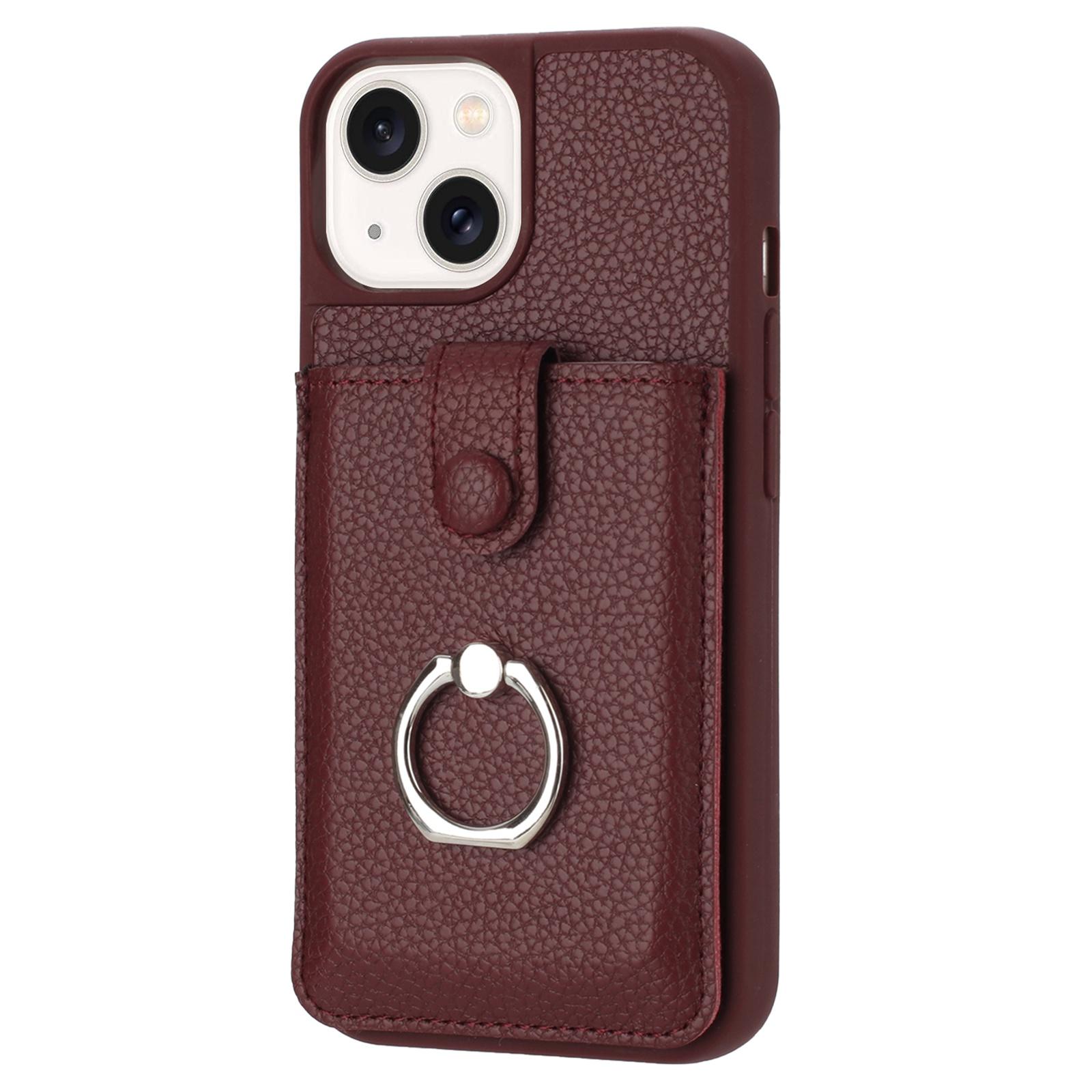 

For iPhone 15 Plus/14 Plus Case Drawing Type Card Slots Litchi Texture Leather Back Cover with Ring Kickstand Wine Red