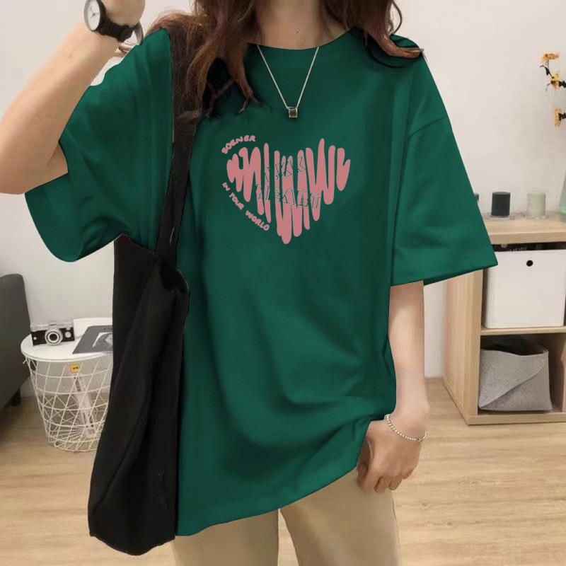 Plus Size Cotton T-Shirt - Women's Summer Short Sleeve Pink Heart Mid-Length Loose European Style