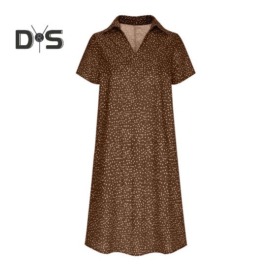Summer Dress Dot Printing Short Sleeves Loose A-line Shirt Dress V Neck Knee Length Midi Dress for Dating Travel Vacation