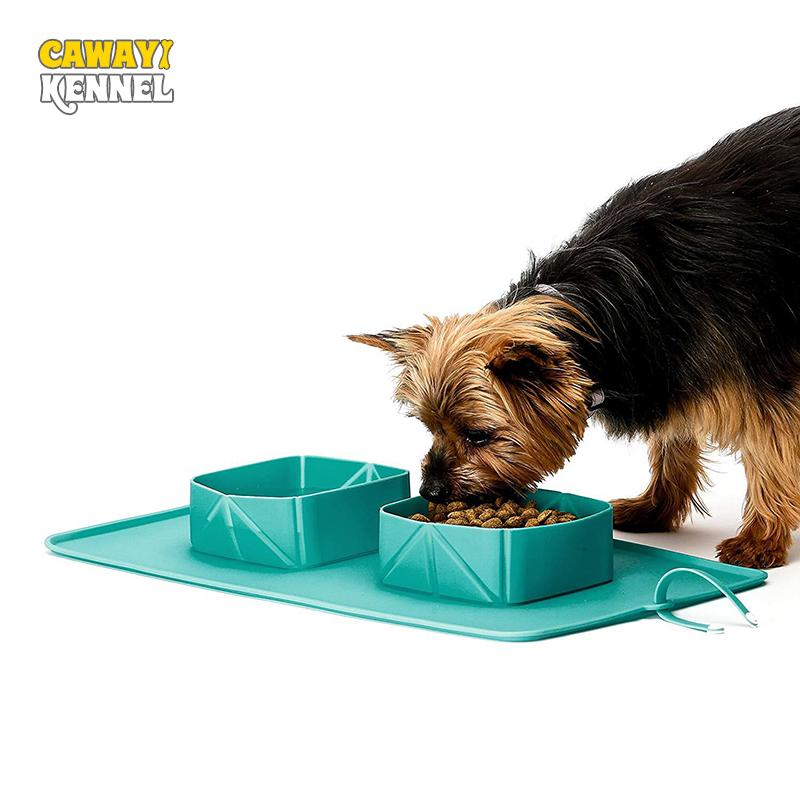 

CAWAYI KENNEL Складная двойная миска для собак с противоскользящим ковриком Портативная силиконовая дорожная миска для щенков для маленьких и больших собак Кормушка для домашних животных