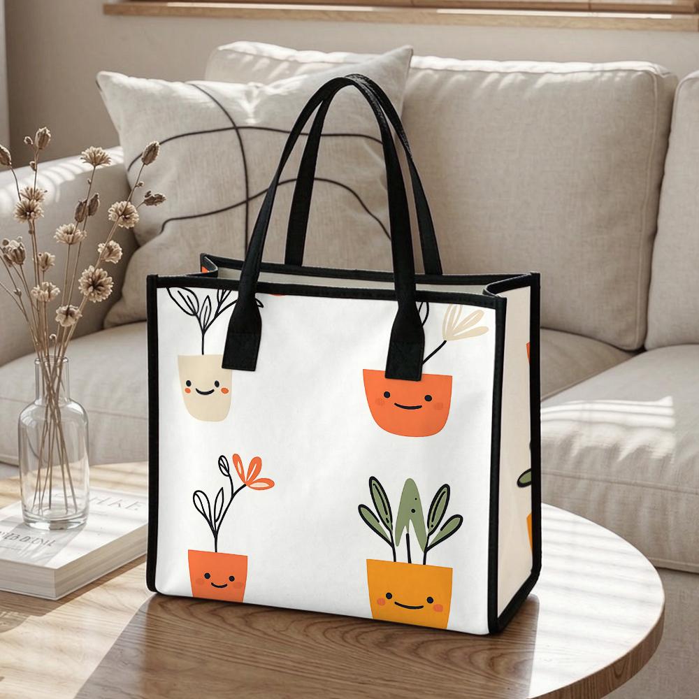 Cute Cartoon Potted Plant Tote Bag Casual Portable Large Capacity Shopping Handbag for Daily Use