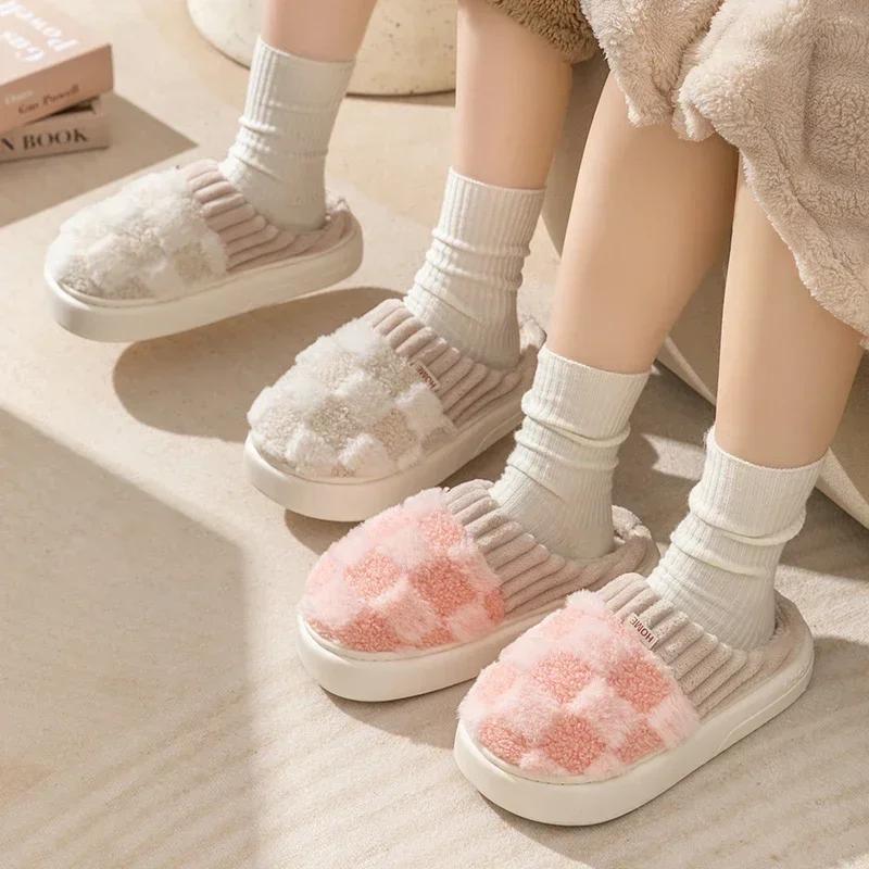Fashion Autum Winter Plush Warm Women Cotton Slippers Casual Indoor Home Toe Wrap Cartoon Slides Men Anti Slip Thick Platform Soft Shoes