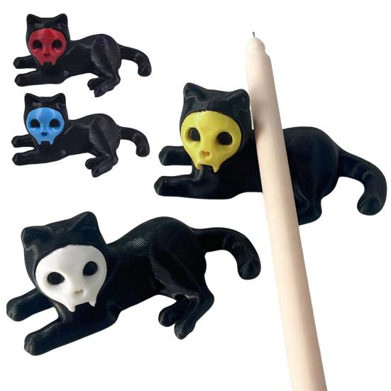 Cat Pen Holder 3D Printed Black Cat Ornament Cat Figurine with Detachable Skull Mask for Home Office Desk Halloween Decoration