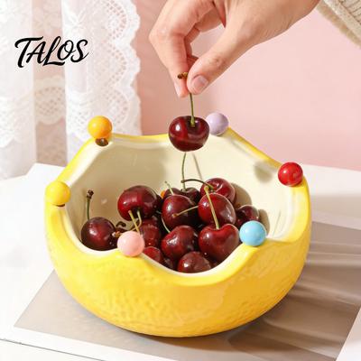 Frugtskål med Frugtgaffel, Keramisk Frugtskål, Orange Dekorativ Snack Serveringsfad, til Køkkenbord og Spisebord