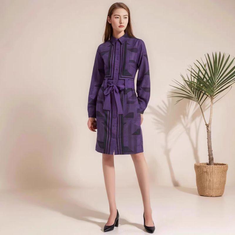 

Purple Fine Grain Grid Print Long sleeve Shirt Lace-up Dress Purple 16