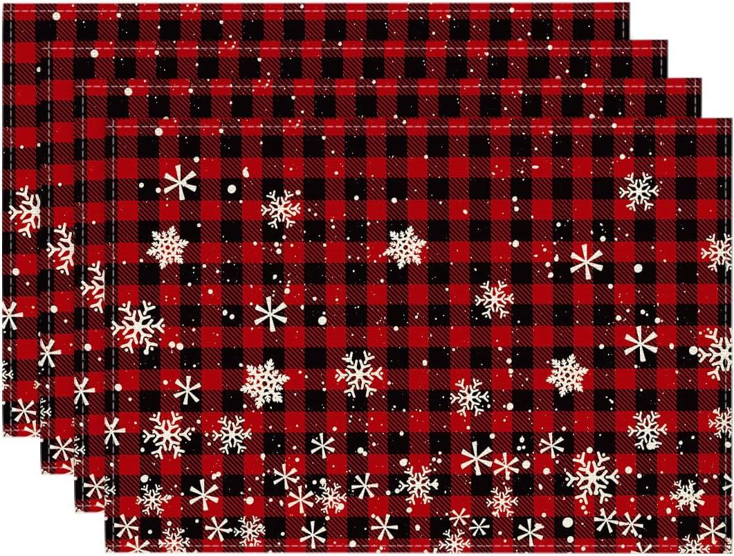 

4/6/8Pcs Red and Black Buffalo Plaid Christmas Placemats for Dining Table Seasonal Winter Snowflakes Holiday Rustic Vintage 4Pcs-30X45cm(12X18in