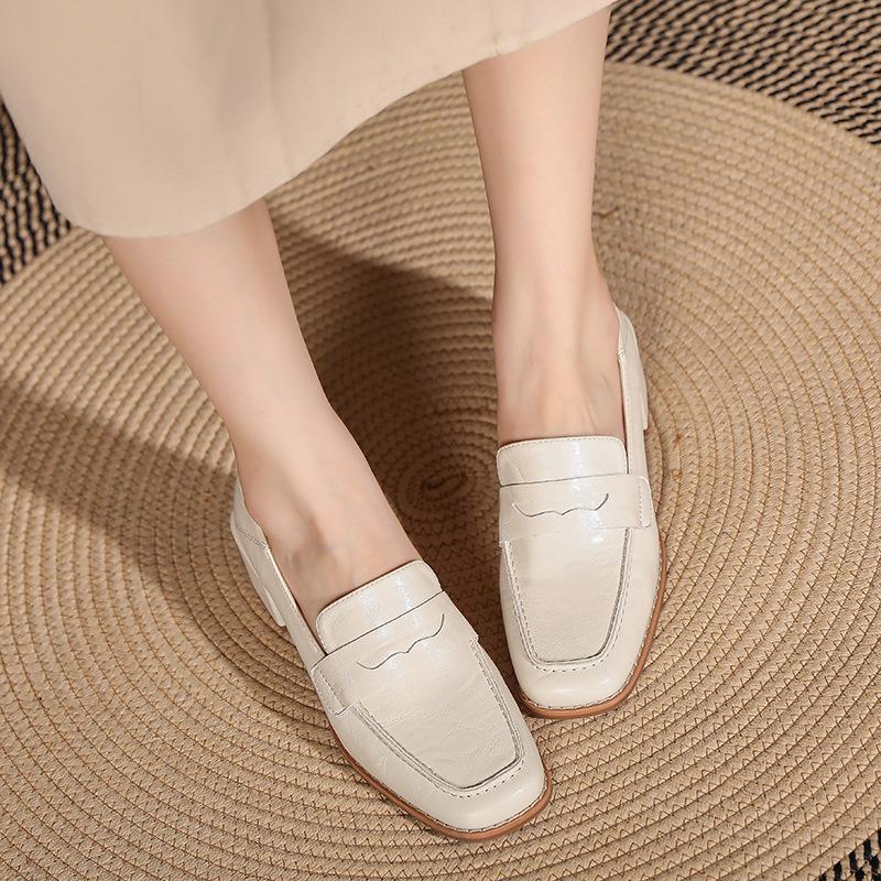 Retro Loafers Myke Skinn Hæler Toveissko Collegestil Små Skinnsko Slip-on Sko for Kvinner Tykke Hæler Høye Hæler